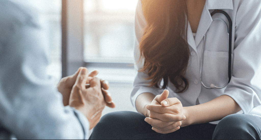 Un médecin discute des infections transmissibles sexuellement et par le sang (ITSS) avec un patient de sexe masculin, en mettant l'accent sur l'éducation et la prévention.