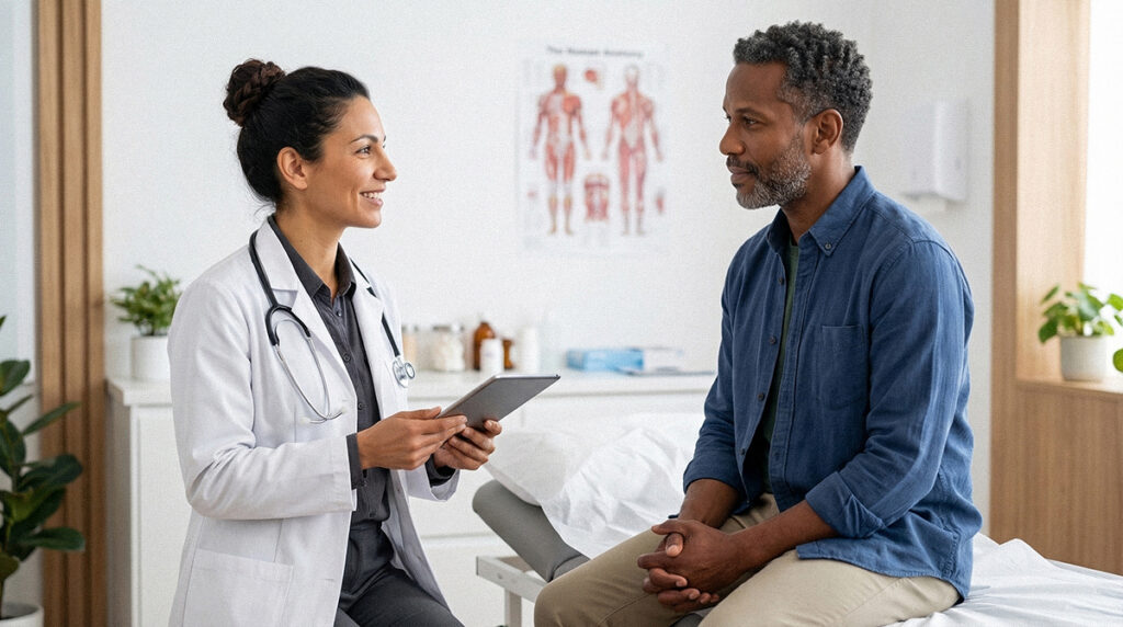 A doctor speaks with a male patient during a consultation in a medical clinic.