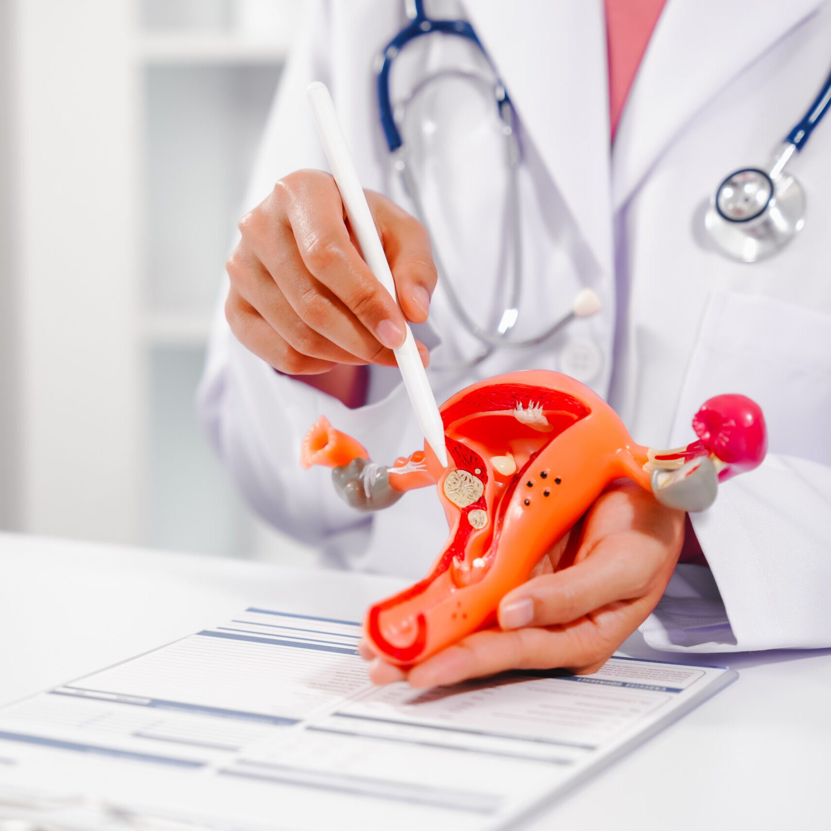 Female doctor specializing in online consultations for reproductive health issues endometriosis, uterine fibroids, gynecologic cancer, HIV/AIDS, interstitial cystitis, PCOS, STDs