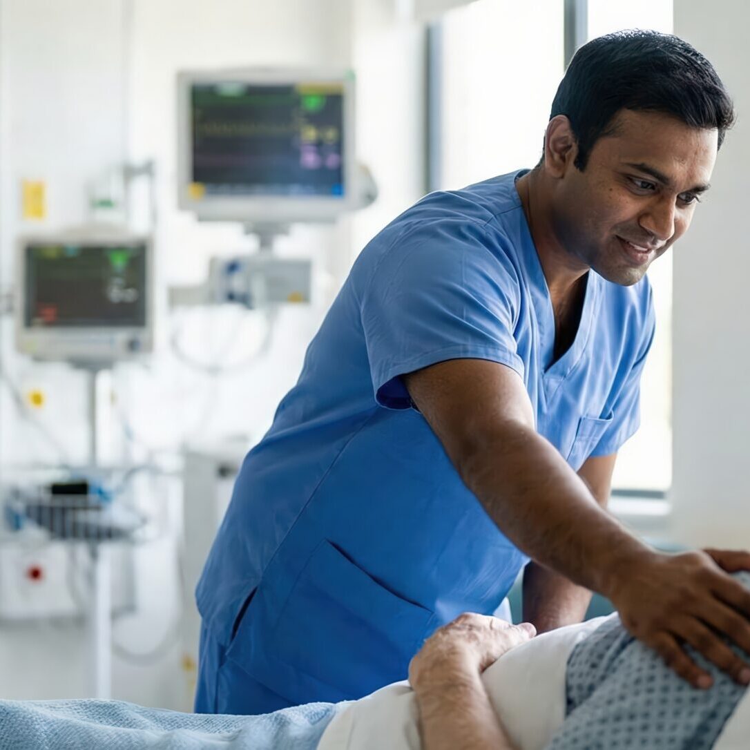 Indian male nurse caring for senior patient in hospital room Doctor comforting elderly man Healthcare, medical, and compassion