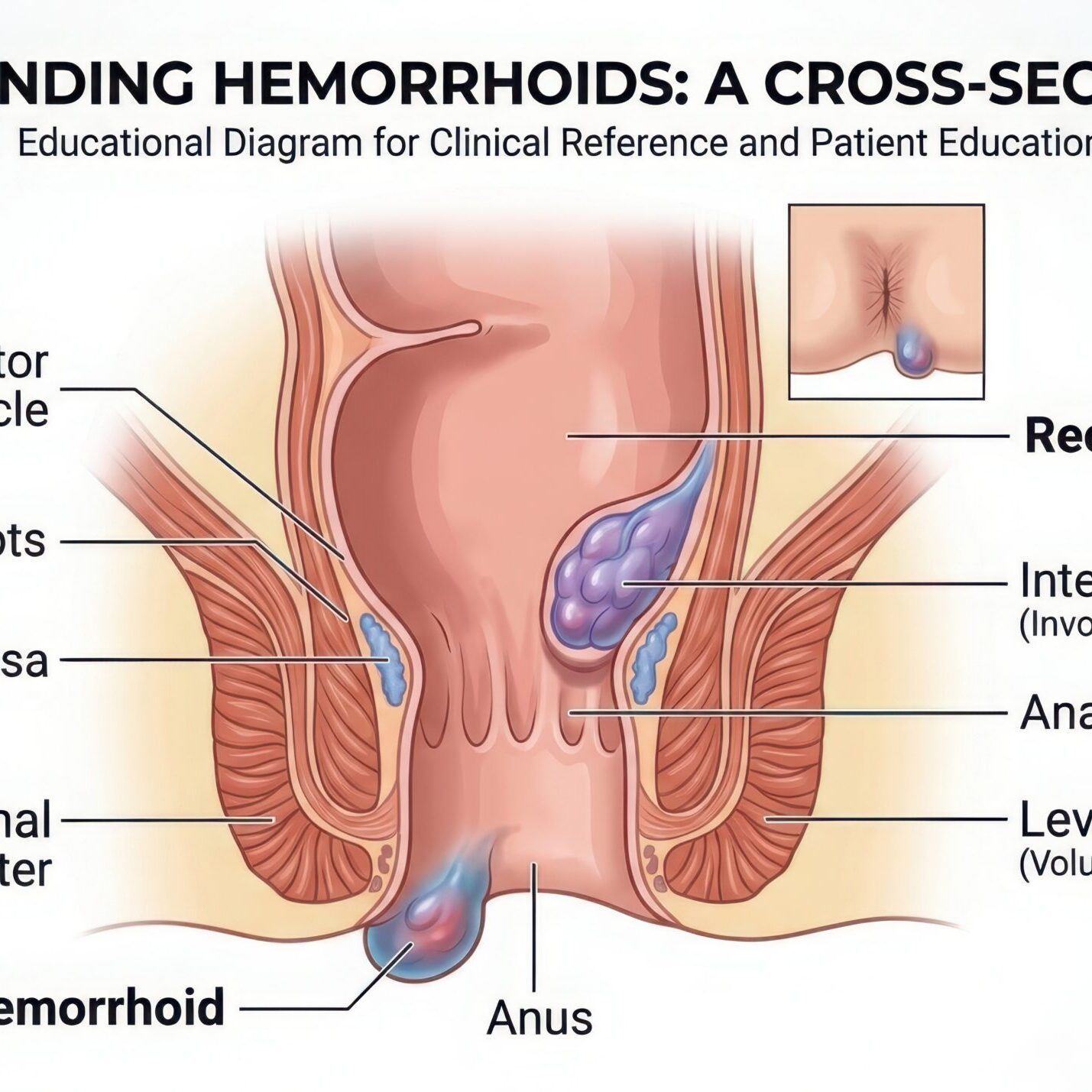 Educational medical illustration of human hemorrhoids