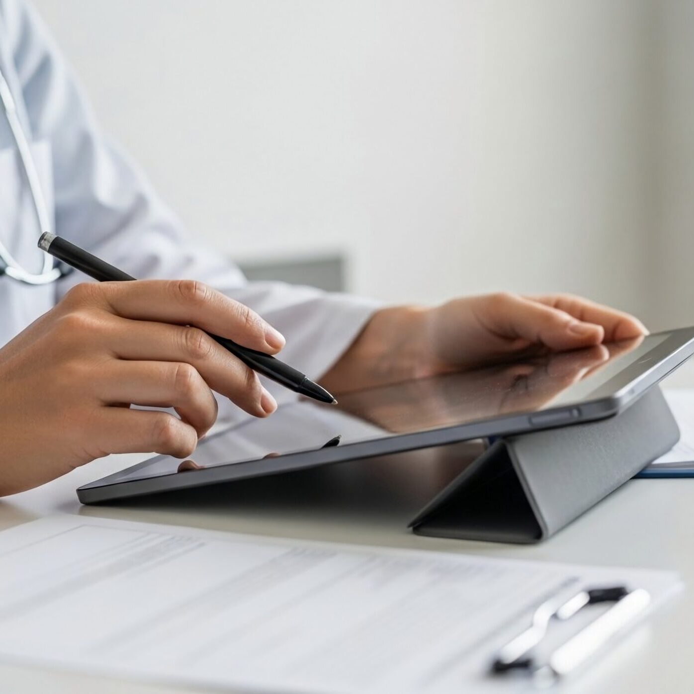 A medical professional meticulously documents patient findings on a digital tablet, showcasing efficient healthcare technology and modern data management, perfect for illustrating advancements in medical practice.